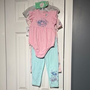 Disney Baby Stitch & Angel Gray, Pink & blue 5 piece Outfits pants & onesies NWT